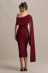 Leah | Burgundy Asymmetric-Neck Midi Dress With Cape-Sleeve And Draped Detailing