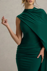 Maeve | Bottle Green Cape-Sleeve Draped Maxi Dress