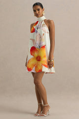 Evita | Orange Floral High-Neck Satin Mini Dress