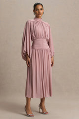 Annabel | Dusty Pink High-Neck Midi Dress With Drop-Waist And Pleated Detailing