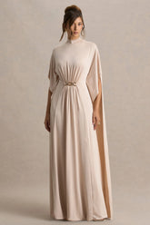 Olessia | Champagne Belted Gathered Cape-Sleeve Maxi Dress