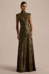 Cecy | Khaki Sequin High-Neck Maxi Dress With Cap Sleeves
