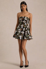 Sparky | Black And Bronze Floral Embellished Bandeau-Neck Mini Dress