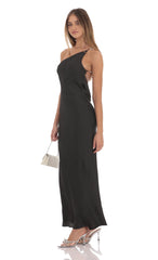 One Shoulder Pearl Satin Maxi Dress in Black