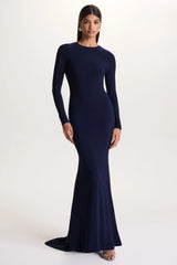 One Step Ahead | Navy Long Sleeve Backless Fishtail Maxi Dress