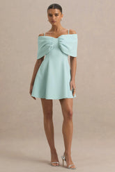 Faria | Light Blue Short-Sleeve Bardot Mini Dress With Bow Detail