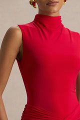 Cascade | Red High-Neck Maxi Dress With Twist Detail