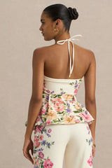 Maud | White Floral Border Print Square-Neck Tailored Top