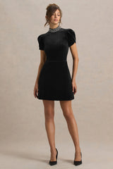 Margot | Black High-Neck Velvet Mini Dress With Embellished Detail