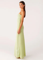 Sassafras Beaded Flower Strapless Maxi Dress - Lime