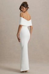 Eva | White Bardot Bow Detail Maxi Dress With Thigh Split