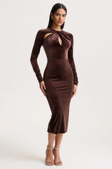 Francine | Brown Velvet Round-Neck Midi Dress With Cut-Out Details