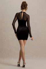 Off-Piste | Black Velvet Bodycon Mini Dress With Sheer Sleeves