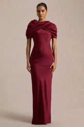 Yoli | Burgundy Satin Maxi Dress With Twist-Cape