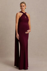 Lyra | Burgundy Cross Halter-Neck Maxi Dress With Cape