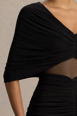 Zinnie | Black Cape-Sleeve Maxi Dress With Mesh Panel