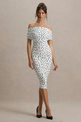 Rayleigh | Polka Dot Bardot Ruched Midi Dress