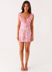Adrina Ruffle Mini Dress - Pink Floral Print