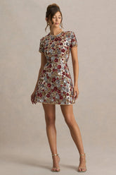 Eira | Red Floral Sequin Crew-Neck Mini Dress