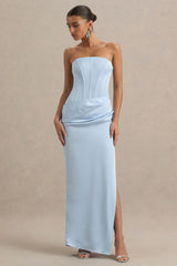 Joseline | Powder Blue Satin Corset Wrap Maxi Dress With Scarf