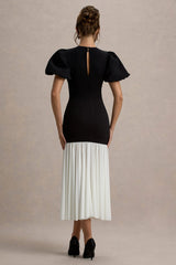 Cinzia | Black & White Puff-Sleeve Volume-Hem Midi Dress