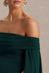 Aquila | Bottle Green Bardot Maternity Maxi Dress With Drape Sleeve