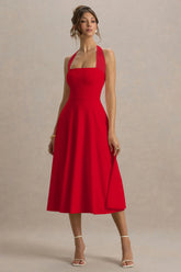 Auburn | Red Halter Skater Midi Dress