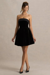 Mina | Black Velvet And Satin Bandeau-Neck Skater Mini Dress