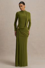 Melissa | Olive Long-Sleeve Wrap Maxi Dress With Ruched Detailing