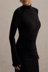 Cassandra | Black High-Neck Long-Sleeve Midi Dress