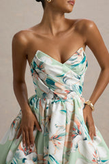 Georgie | Green Floral Print Sweetheart Puffball Mini Dress
