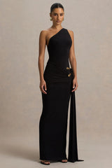 Bonnie | Black Asymmetric-Neck Maxi Dress With Ruched-Detailing