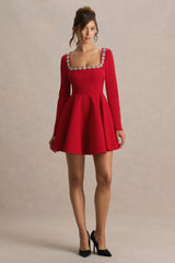 Astonish | Red Long-Sleeve Embellished Mini Dress With Volume Skirt
