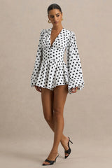 Laurel | White Polka Dot V-Neck Balloon Sleeve Playsuit