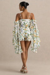 Anaya | White Botanical Print Chiffon Playsuit With Long Sleeves