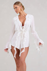 Sauvage | White Chiffon Ruffle Plunge Long Sleeve Playsuit