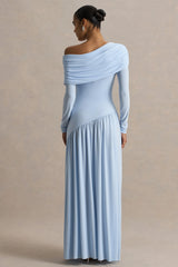 Farah | Powder Blue High-Neck Maxi Dress With Drop Waist And Ruched Detailing