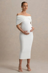Droplet | White Bow Bardot Maternity Midi Dress