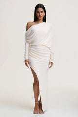 Olivia | Cream Asymmetric-Neck Maxi Dress With Ruched Detailing Asymmetric-Hem