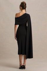 Leah | Black Asymmetric-Neck Midi Dress With Cape-Sleeve And Draped Detailing