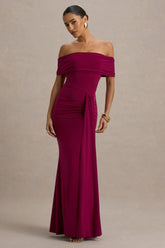 Delma | Burgundy Bardot Maxi Dress With Drape Detail