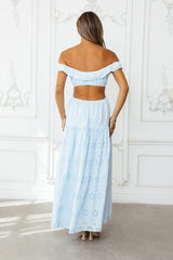 Secrets You Keep Off Shoulder Embroidered Maxi Dress Blue