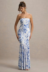 Callie | Blue Porcelain Print Bandeau Fishtail Maxi Dress