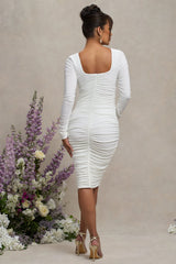 New Life | White Maternity Square Neck Ruched Midi Dress