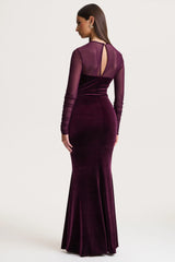 Cambria | Plum Velvet High-Neck Maxi Dress With Draped-Detailing