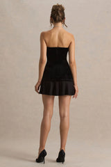 Valentina | Black Bandeau Velvet Mini Dress With Pleated Detailing