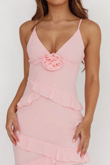 Marlie Frill Trim Rosette Maxi Dress Blush