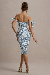 Citrus | Blue Porcelain Print Bardot Bodycon Midi Dress With Bow Sleeves