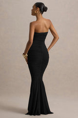Talisa | Black Ruched Fishtail Maxi Dress With Mesh Hem