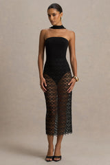 Tamala | Black High-Neck Midi Dress With Lace Skirt